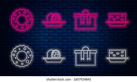 Set line Marzipan sponge cake, Gift box, Christmas wreath and Nougat with nuts. Glowing neon icon on brick wall. Vector