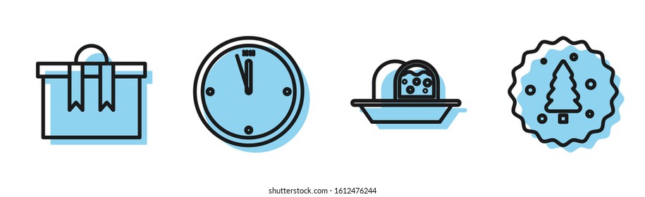 Set line Marzipan sponge cake, Gift box, Clock and Cookie or biscuit with chocolate icon. Vector