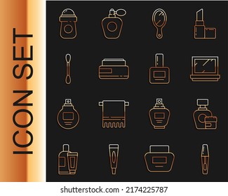 Set line Mascara brush, Cream or lotion cosmetic tube, Makeup powder with mirror, Hand, Cotton swab for ears, Antiperspirant deodorant roll and Nail polish bottle icon. Vector