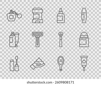 Set line Mascara brush, Cream or lotion cosmetic tube, Perfume, Shaving razor, Hand mirror and Antiperspirant deodorant roll icon. Vector