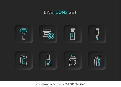 Set line Mascara brush, Deodorant roll, Bottle of nail polish, shampoo, Cream lotion cosmetic tube,  and Shaving razor icon. Vector