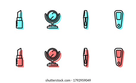 Set line Mascara brush, Lipstick, Round makeup mirror and Hand icon. Vector