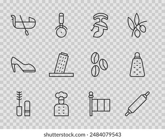 Set line Mascara brush, Rolling pin, Roman army helmet, Italian cook, Gondola, Tower Pisa, Flag Italy and Grater icon. Vector