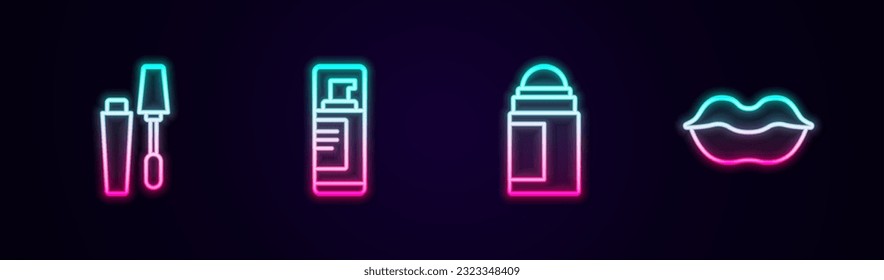 Stell die Linie Mascara Bürste, Gel Schaum, Deodorant Rolle und Lächeln Lippen. Leuchtendes Neonsymbol. Vektorgrafik