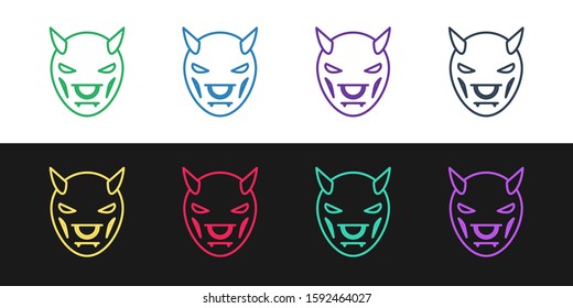 Set line Mask of the devil with horns icon isolated on black and white background.  Vector Illustration