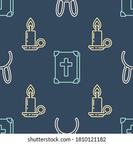 Fijar la máscara con las orejas del conejito largo, quemar la vela en el candelabro y libro de la Biblia Sagrada en un patrón impecable. Vector