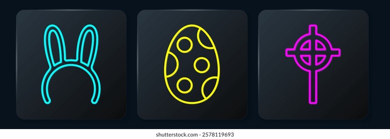 Set line Mask with long bunny ears, Christian cross and Easter egg. Black square button. Vector