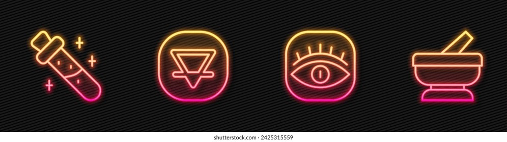 Set line Masons, Bottle with potion, Earth element and Mortar and pestle. Glowing neon icon. Vector