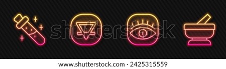 Set line Masons, Bottle with potion, Earth element and Mortar and pestle. Glowing neon icon. Vector