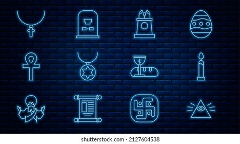Set line Masons, Burning candle, Stage stand or tribune, Star of David necklace chain, Cross ankh, Christian cross, First communion symbols and Tombstone with RIP written icon. Vector
