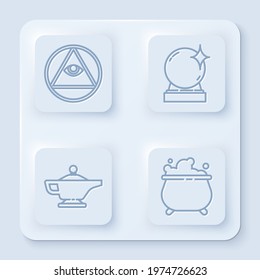 Set line Masons, Magic ball, Magic lamp or Aladdin and Witch cauldron. White square button. Vector