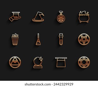 Set line Masons, Magic ball, Magician hat in hand, Star of David, Witches broom, Pentagram circle and Bottle with love potion icon. Vector