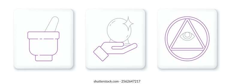 Set line Masons, Magic mortar and pestle and ball hand icon. Vector