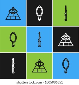 Set line Masons, Magic wand and hand mirror icon. Vector