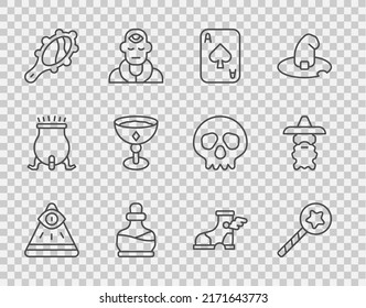 Set line Masons, Magic wand, Playing cards, Bottle with potion, hand mirror, Medieval goblet, Hermes sandal and Wizard warlock icon. Vector