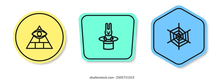 Set line Masons, Magician hat and rabbit and Spider web. Colored shapes. Vector