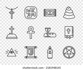Set line Masons, Pentagram in circle, Traditional carpet, Decree, paper, parchment, scroll, Christian cross chain, Cross ankh, Monk and Holy bible book icon. Vector
