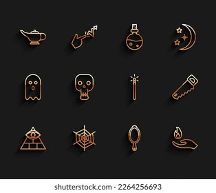 Set line Masons, Spider web, Magic lamp or Aladdin, hand mirror, Hand holding fire, Skull, saw and wand icon. Vector