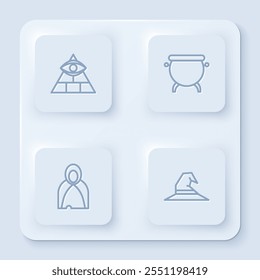 Set line Masons, Witch cauldron, Mantle, cloak, cape and hat. White square button. Vector