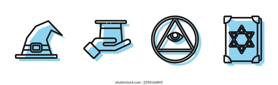 Set line Masons, Witch hat, Magician hat in hand and Ancient magic book icon. Vector