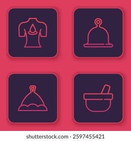 Set line Massage with aroma oils, Sauna hat,  and Mortar and pestle. Blue square button. Vector