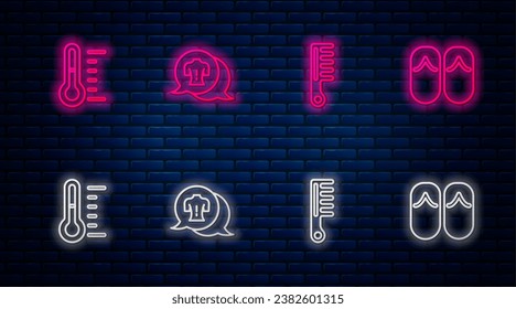 Set line Massage, Hairbrush, Sauna thermometer and Flip flops. Glowing neon icon on brick wall. Vector