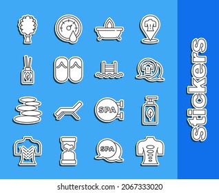 Set line Massage stone therapy, Essential oil bottle, Aroma candle, Flip flops, diffuser, Sauna broom and Swimming pool with ladder icon. Vector