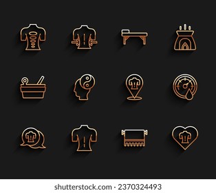 Set-Linie Massage, Steintherapie, Handtuchhalter, Yin Yang, Sauna Thermometer und Ikone. Vektorgrafik