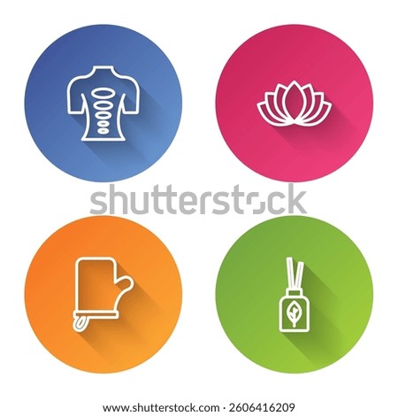 Set line Massage stone therapy, Lotus flower, Sauna mittens and Aroma diffuser. Color circle button. Vector