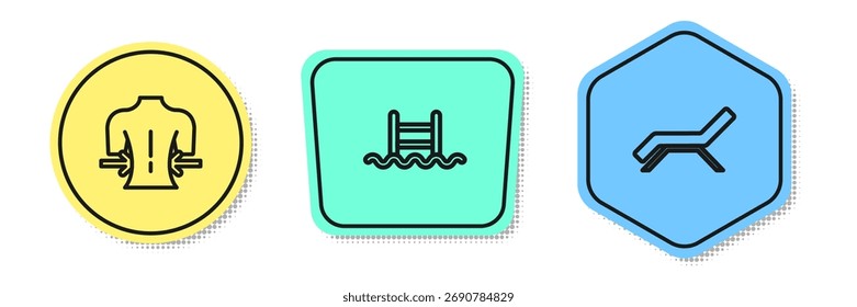 Masaje en línea, Piscina con escalera y tumbona y sombrilla. Formas de colores. Vector