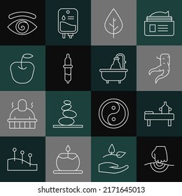 Fijar línea Masaje, mesa con aceite, raíz de jengibre, hoja, pipeta, Apple, hipnosis e ícono de Bathtub. Vector
