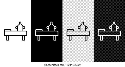 Fijar la línea Tabla de masaje con el icono de aceite aislado en fondo blanco y negro.  Vector