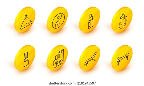 Set line Massage table, Sunbed and umbrella, Ointment cream tube, Aroma diffuser, Essential oil bottle, Yin Yang and Sauna hat icon. Vector