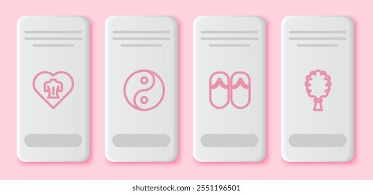 Set line Massage, Yin Yang, Flip flops and Sauna broom. White rectangle button. Vector