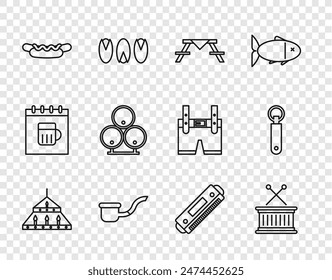 Set line Massive steel chandelier, Musical drum sticks, Picnic table with benches, Smoking pipe, Hotdog sandwich, Wooden barrels, Harmonica and Bottle opener icon. Vector