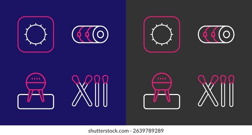 Set line Match stick, Barbecue grill, Blanket roll and Sun icon. Vector