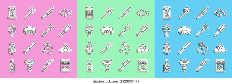 Set line Matchbox and matches, Campfire, Meat chopper, Grilled pork bbq ribs, tongs, Barbecue coal bag and Spatula icon. Vector