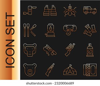 Set-Line-Matchbox und Streichhölzer, Spritzen gegen Insekten, Patronen, Moskito, Zeltlattern, Matches, Schweizer Armeemesser und Elefantensymbol. Vektorgrafik