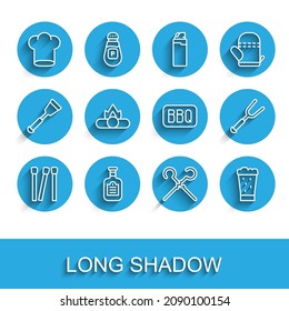 Set line Matches, Sauce bottle, Chef hat, BBQ skewers, Glass of beer, Campfire, Barbecue fork and  icon. Vector