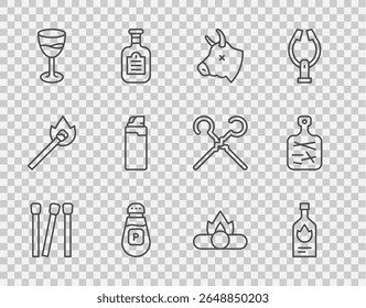 Set line Matches, Tabasco sauce, Cow head, Pepper, Wine glass, Lighter, Campfire and Cutting board icon. Vector