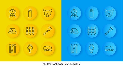 Set line Matches, Wooden logs, Grilled shish kebab, pork bbq ribs, Spatula, Barbecue grill, Pig and Lighter icon. Vector