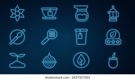 Set line Mate tea, Tea leaf, Teapot, strainer with handle, Cigarette, Flower, Cup bag and  icon. Vector