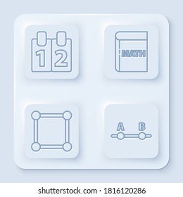 Set line Mathematics function cosine, Triangle math, Chalkboard with diagram and Test or exam sheet. White square button. Vector