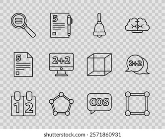 Set line Mathematics function cosine, Chalkboard with diagram, Test or exam sheet, Geometric figure Sphere, Paper clip, Graph, schedule, chart,, Tablet calculator and Cone icon. Vector