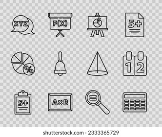 Set line Mathematics function sine, Chalkboard, XYZ Coordinate system, Calculation, Calculator, Test exam sheet, Paper clip and cosine icon. Vector