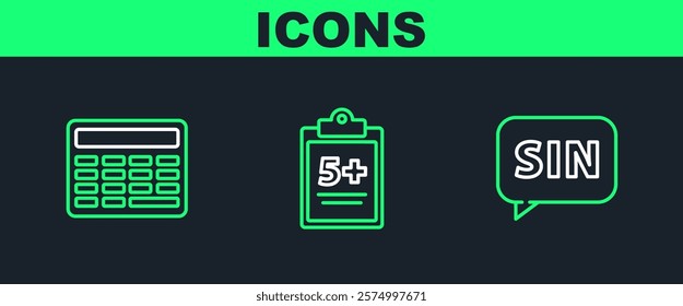 Set line Mathematics function sine, Calculator and Test exam sheet icon. Vector