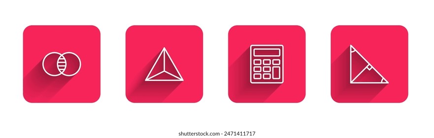 Set line Mathematics sets A and B, Geometric figure Tetrahedron, Calculator and Angle bisector of triangle with long shadow. Red square button. Vector