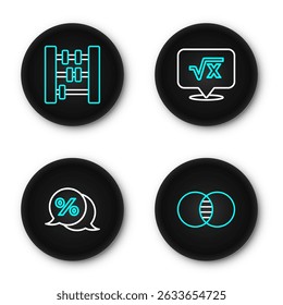 Set line Mathematics sets A and B, Discount percent tag, Square root of x glyph and Abacus icon. Vector