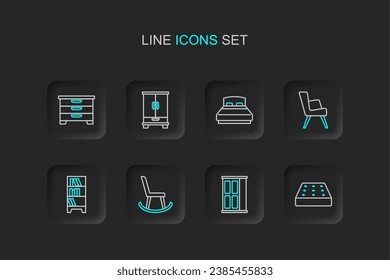 Set line Mattress, Wardrobe, Armchair, Lamp hanging, Big bed,  and Chest of drawers icon. Vector