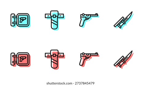 Set line Mauser gun, Hunting shop weapon, Knife holster and Bayonet rifle icon. Vector